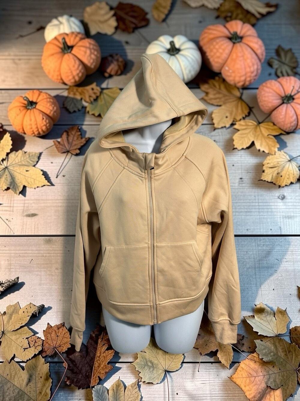 LASLULU Scuba Cropped Full Zip Hoodie Sz M Beige Soft Thumbholes Sweatshirt Gym